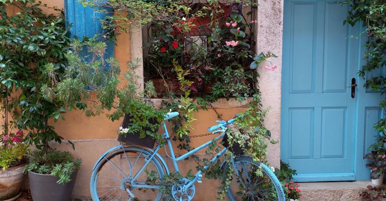 DIY Upgrades - A blue bicycle parked outside a house with flowers